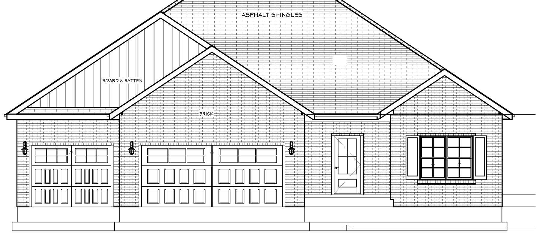 The Briercreek front elevation — brick with board and batten in the gable